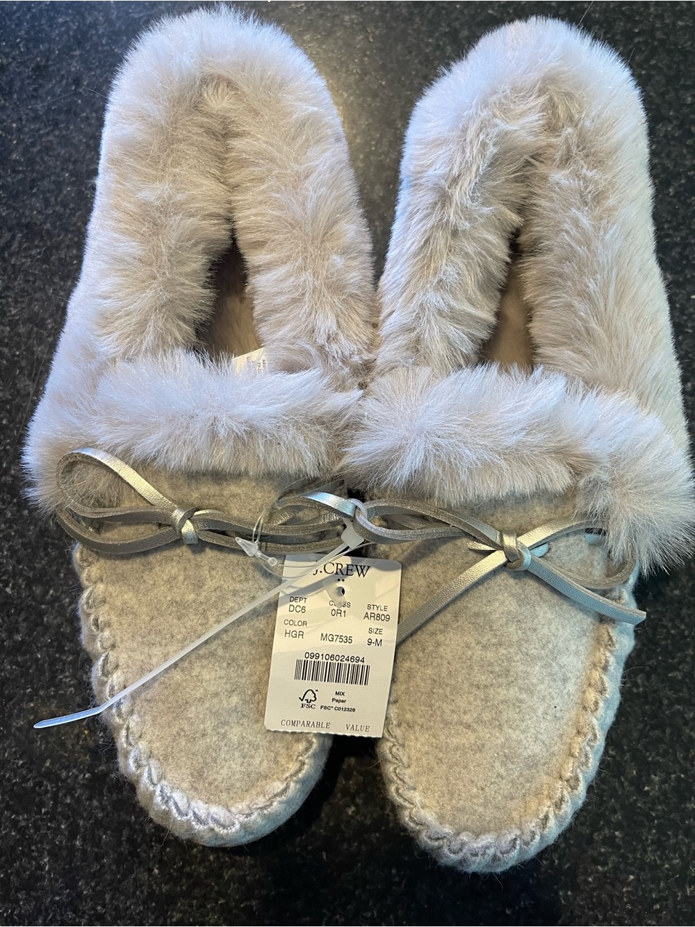 J. Crew Taupe Faux Fur-Trim Moccasin Slippers with Bow
